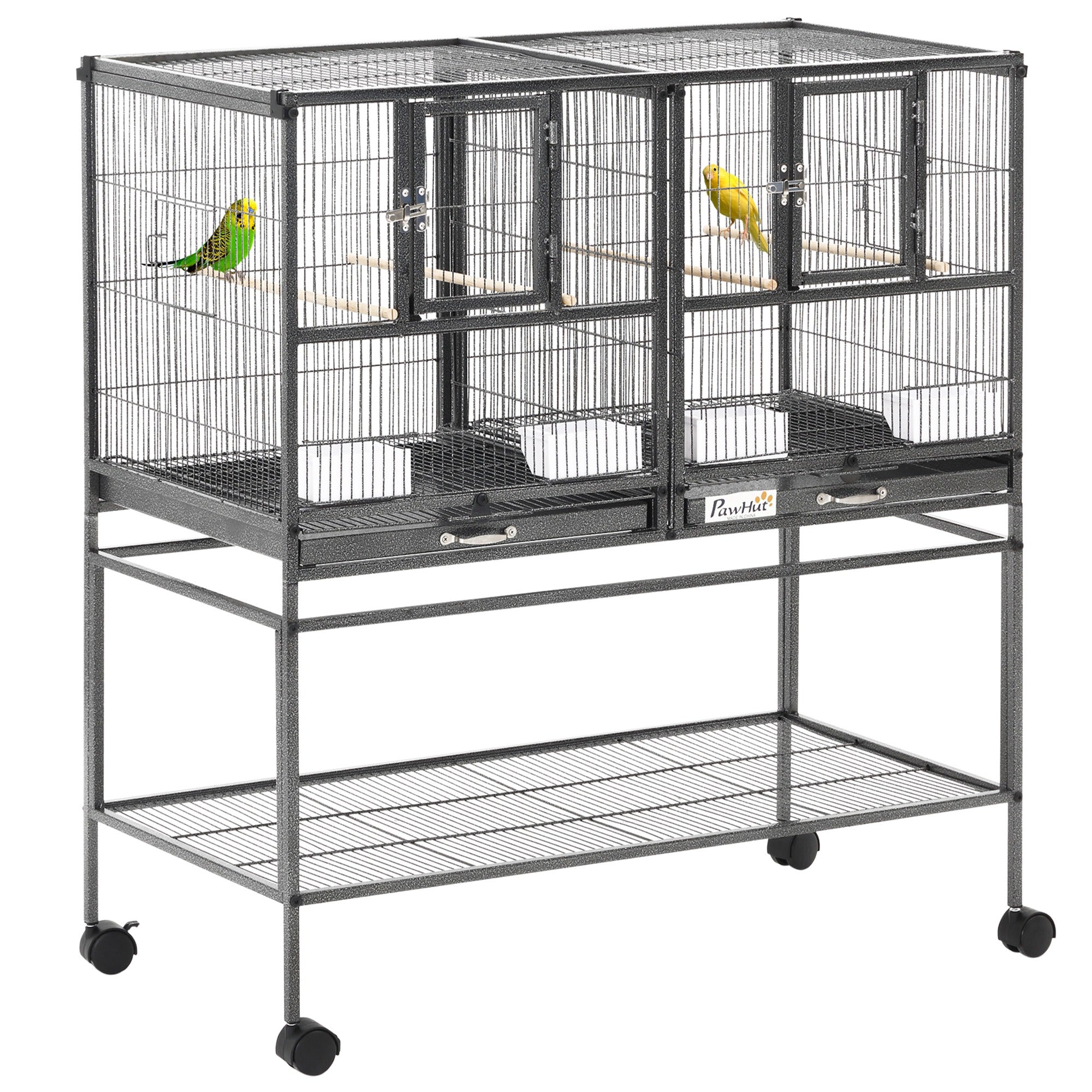 Vogelkooi volière voor binnenshuis met scheidingswand, voerbak en zitstok 95L x 45,5B x 102H cm zwart en grijs