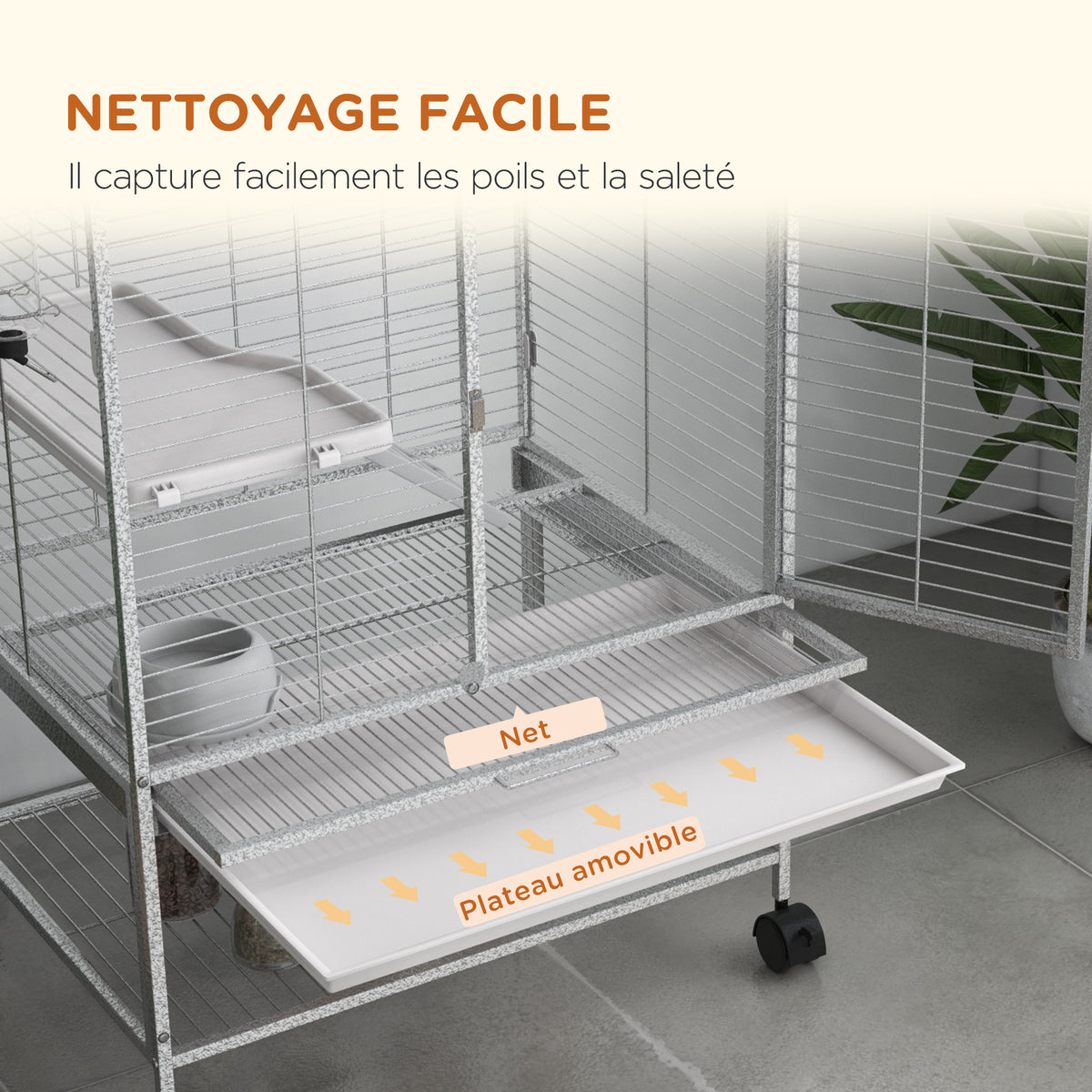 Cage pour petits animaux sur roulettes 2 niveaux avec 2 portes, 1 rampe, 1 étagère de rangement 61,5 x 44,5 x 86 cm gris