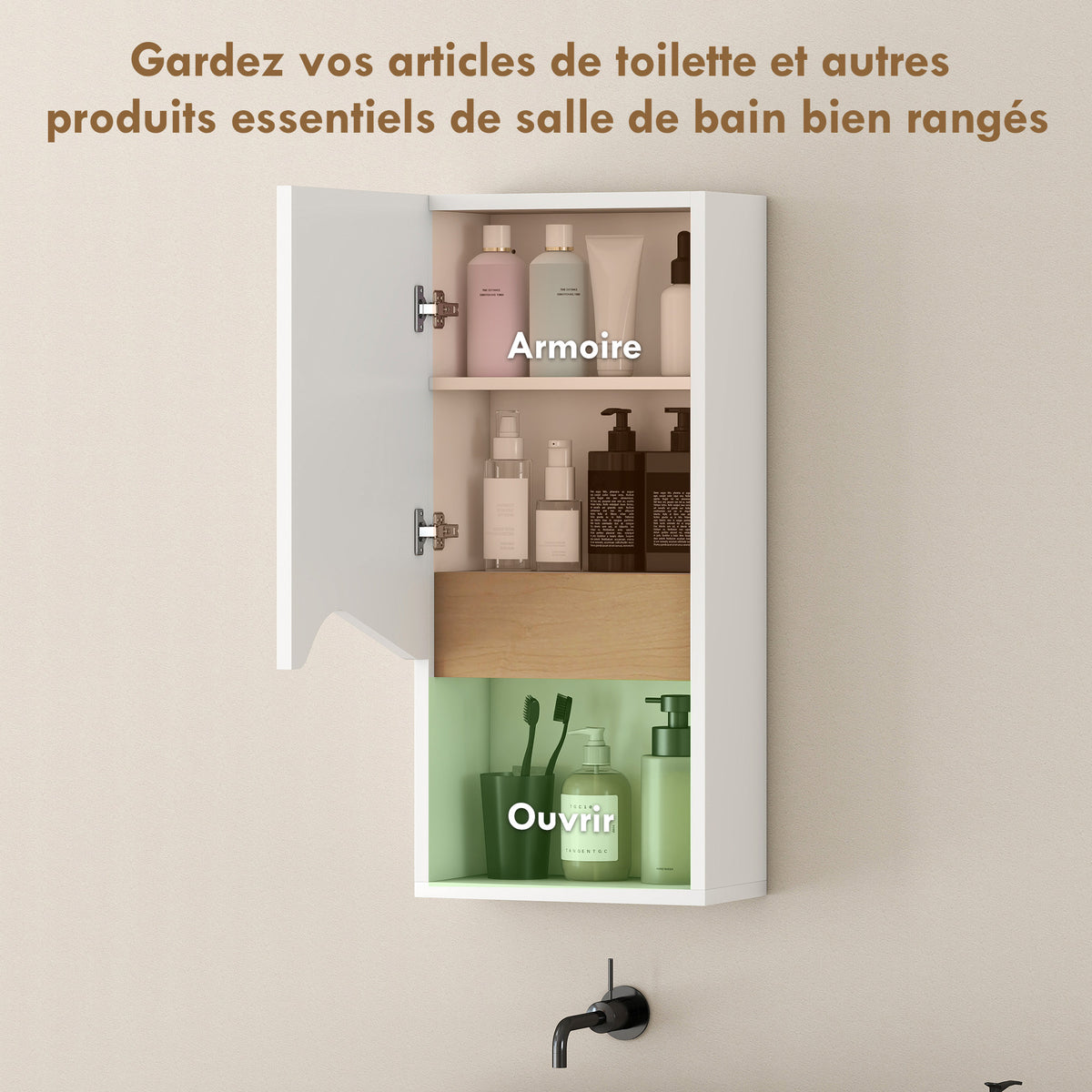 Armoire murale de salle de bain avec porte à fermeture douce, étagère réglable et compartiment ouvert, 30x17x67cm, blanc