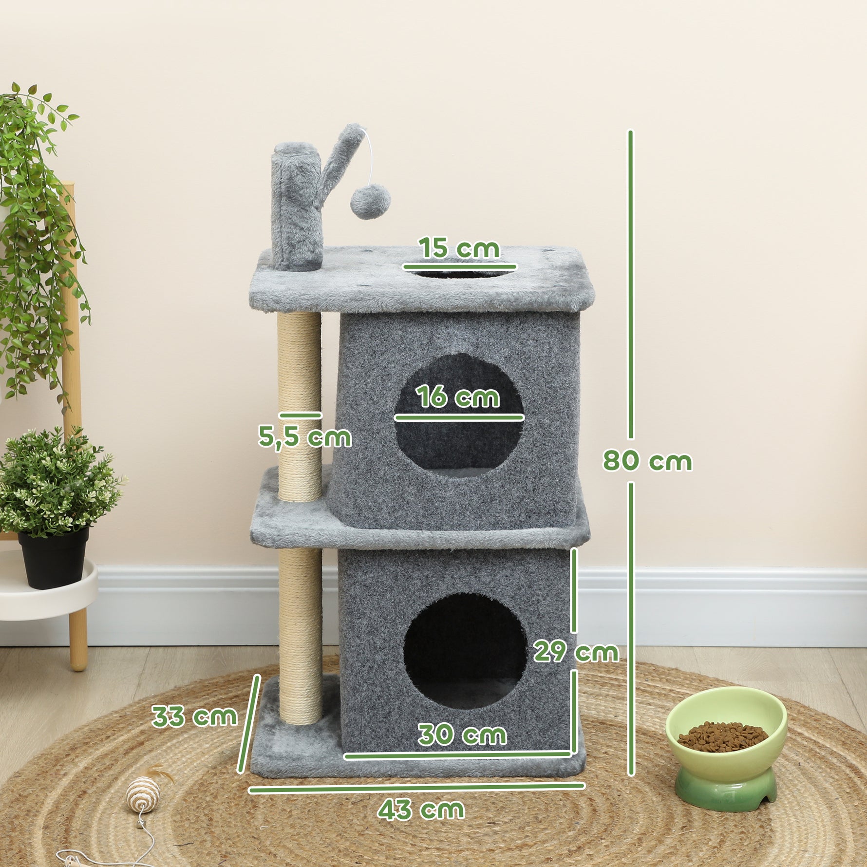 Arbre à chat à 3 niveaux tour pour chat 2 niches et surface de repos confortable, balle 43 x 33 x 80 cm gris foncé-2