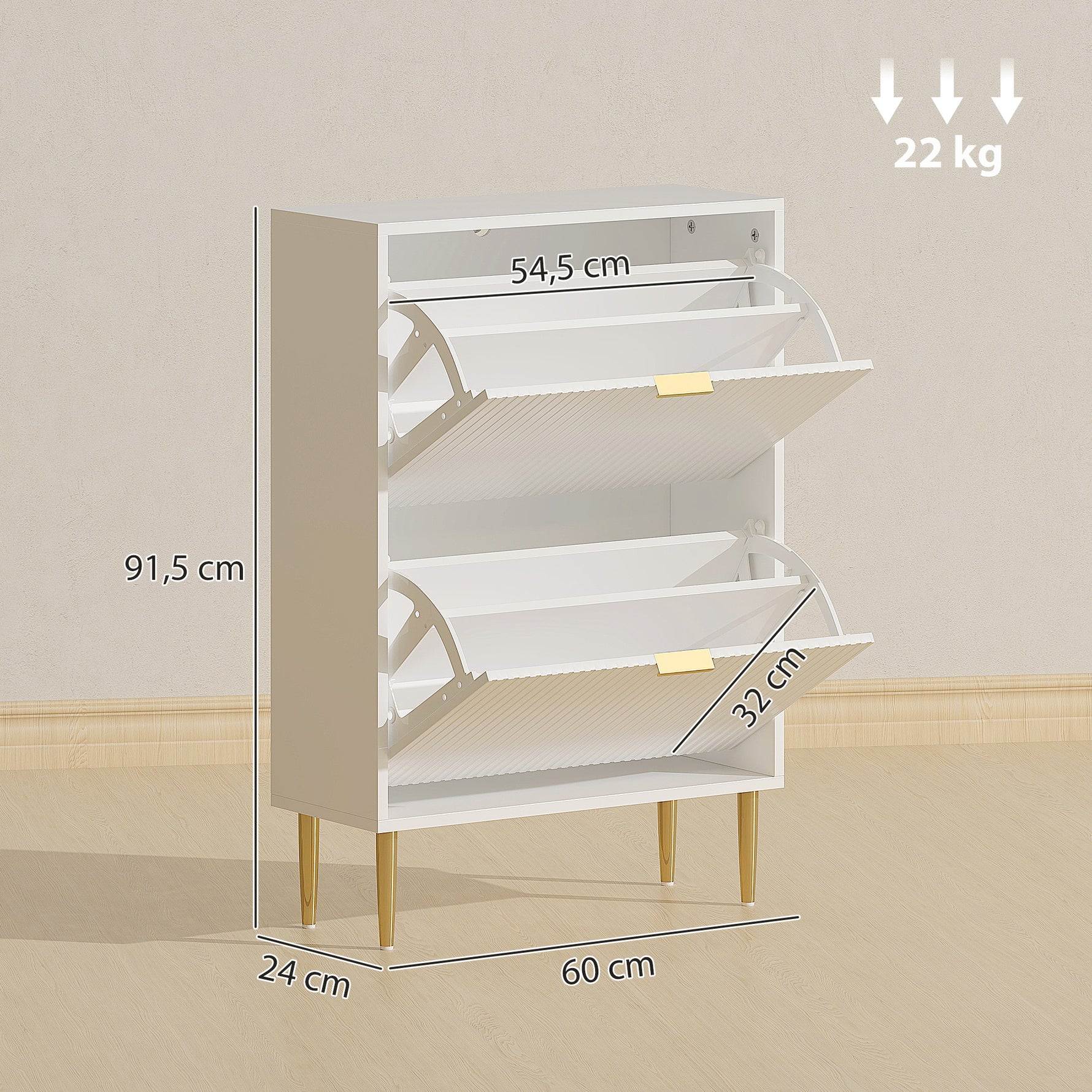Meuble à chaussures 12 paires avec 2 tiroirs rabattables, portes cannelées et étagères réglables, 60x24x91,5cm, blanc