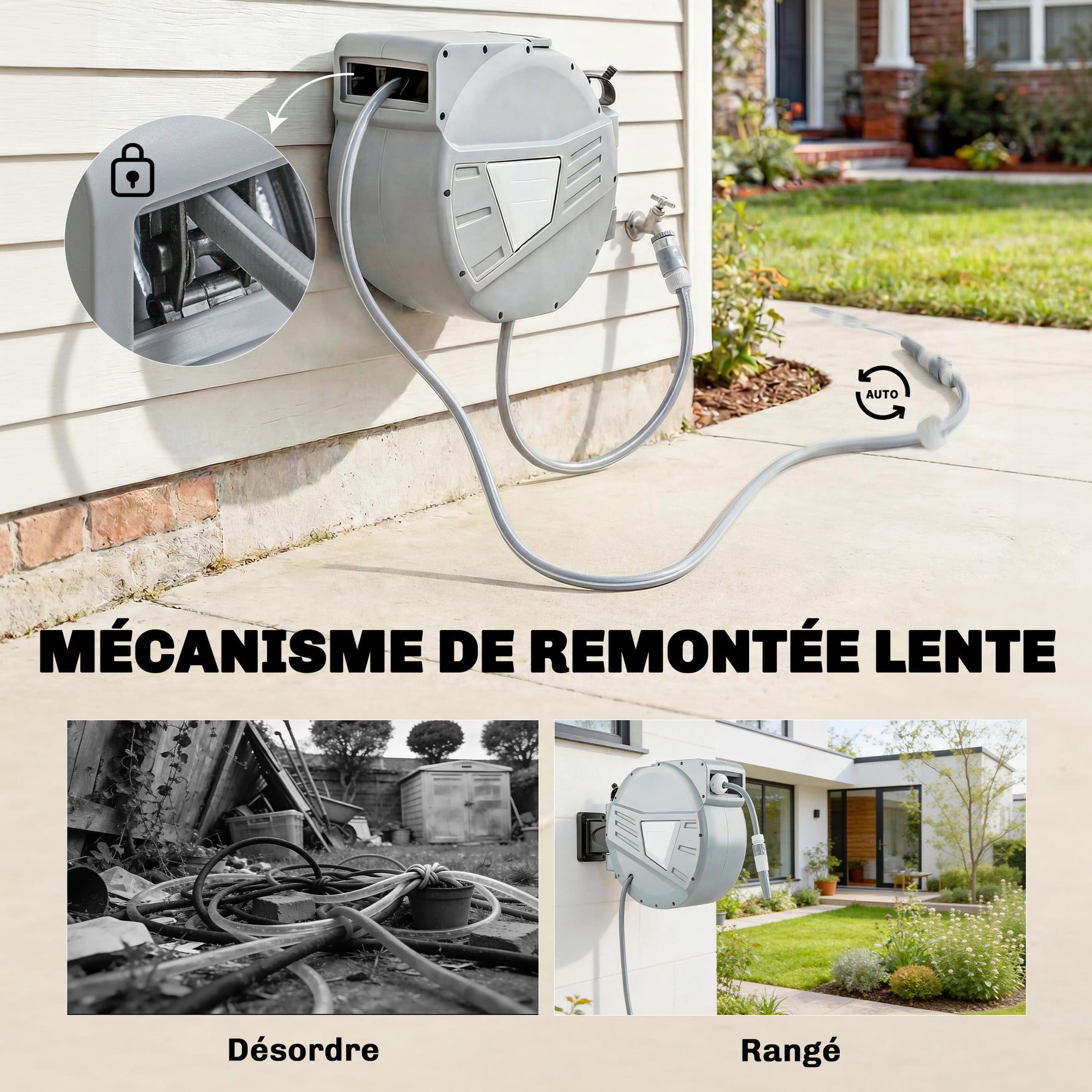 Enrouleur Tuyau Arrosage Mural 20+1,6m x Ø 15mm, Dévidoir de Tuyaux d'Eau Rétractable Automatique Pivotant à 180°, Gris
