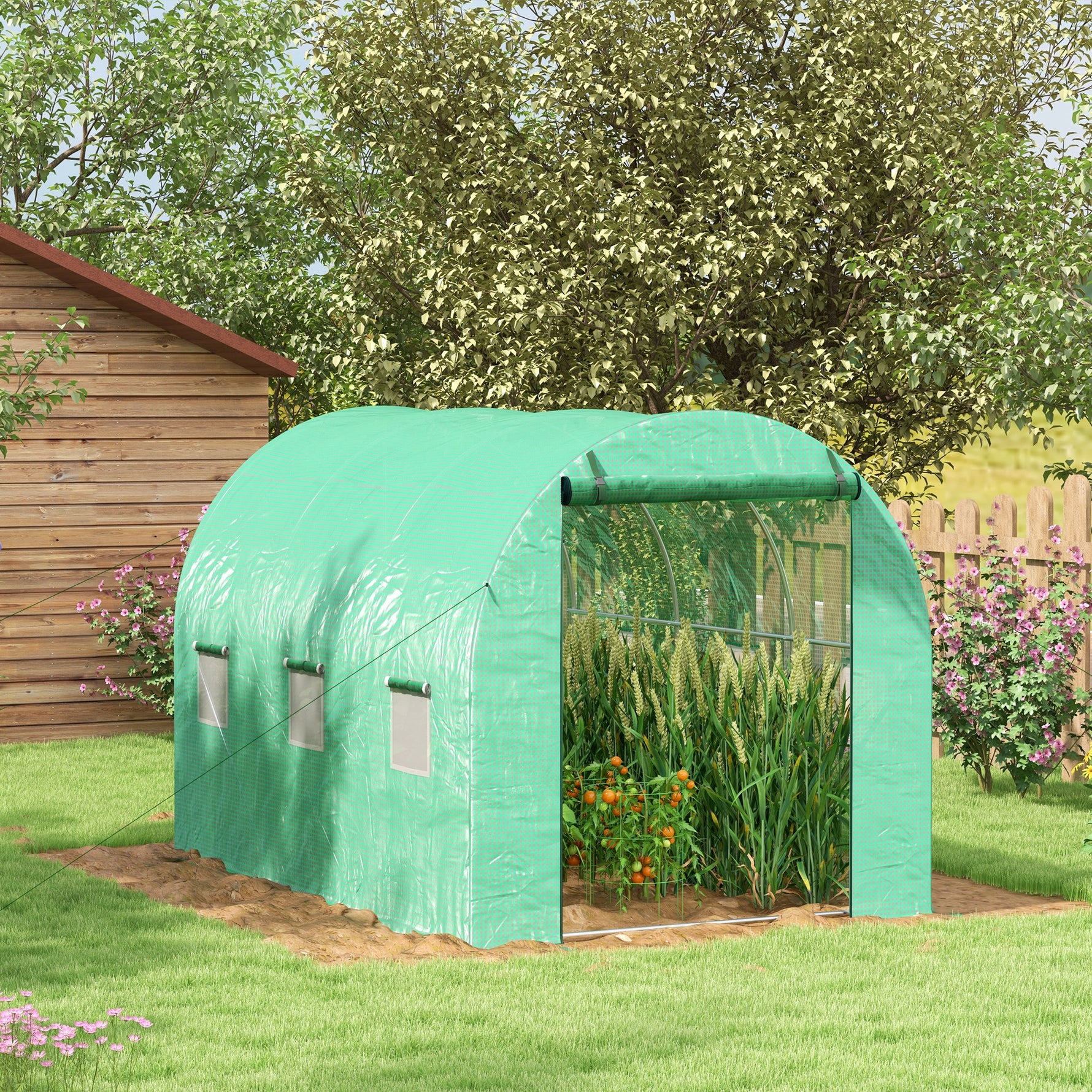 Serre de Jardin Tunnel 6 m² avec système d'arrosage intégré, 3L x 2l m 6 fenêtres Porte enroulable Vert
