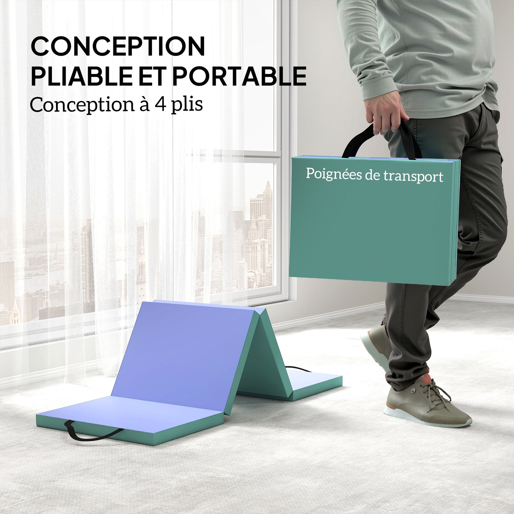 Tapis de gymnastique pliable portable, tapis de sport épais en 4 parties avec poignées, 180 x 60 x 5 cm, vert et violet