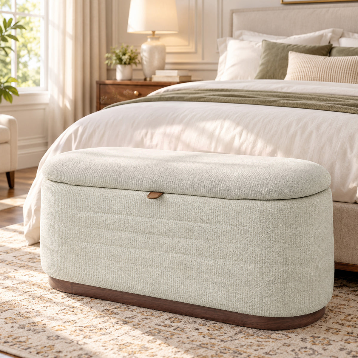Moderne ovale opbergbank van chenillestof, voetenbank met opbergruimte, belastbaar tot 220 kg, 91 x 40,5 x 45 cm, beige