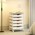 Cajonera de oficina móvil, mueble de almacenamiento con ruedas de madera con 5 cajones, tiradores integrados, 50 x 40 x 74,5 cm, blanco