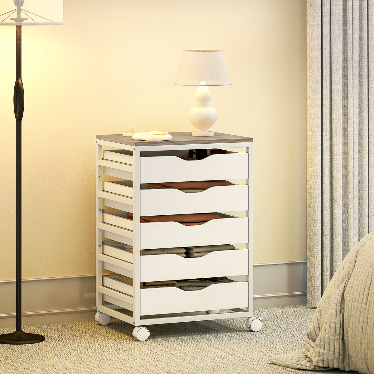 Cajonera de oficina móvil, mueble de almacenamiento con ruedas de madera con 5 cajones, tiradores integrados, 50 x 40 x 74,5 cm, blanco