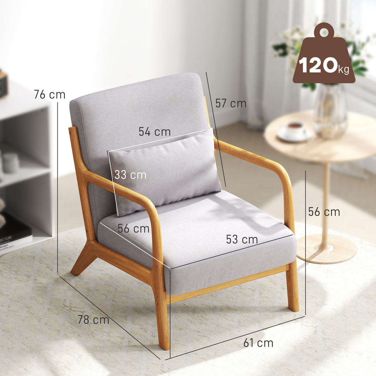 Fauteuil lounge - 3 coussins inclus - assise profonde - accoudoirs - structure bois hévéa - velours givré gris