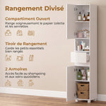 Badezimmerschrank, 2 Türen, Schublade, offenes Fach, verstellbare Einlegeböden, für Wohnzimmer, Schlafzimmer, 30x30x170cm, Weiß