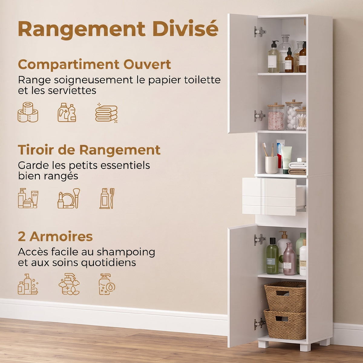 Badezimmerschrank, 2 Türen, Schublade, offenes Fach, verstellbare Einlegeböden, für Wohnzimmer, Schlafzimmer, 30x30x170cm, Weiß