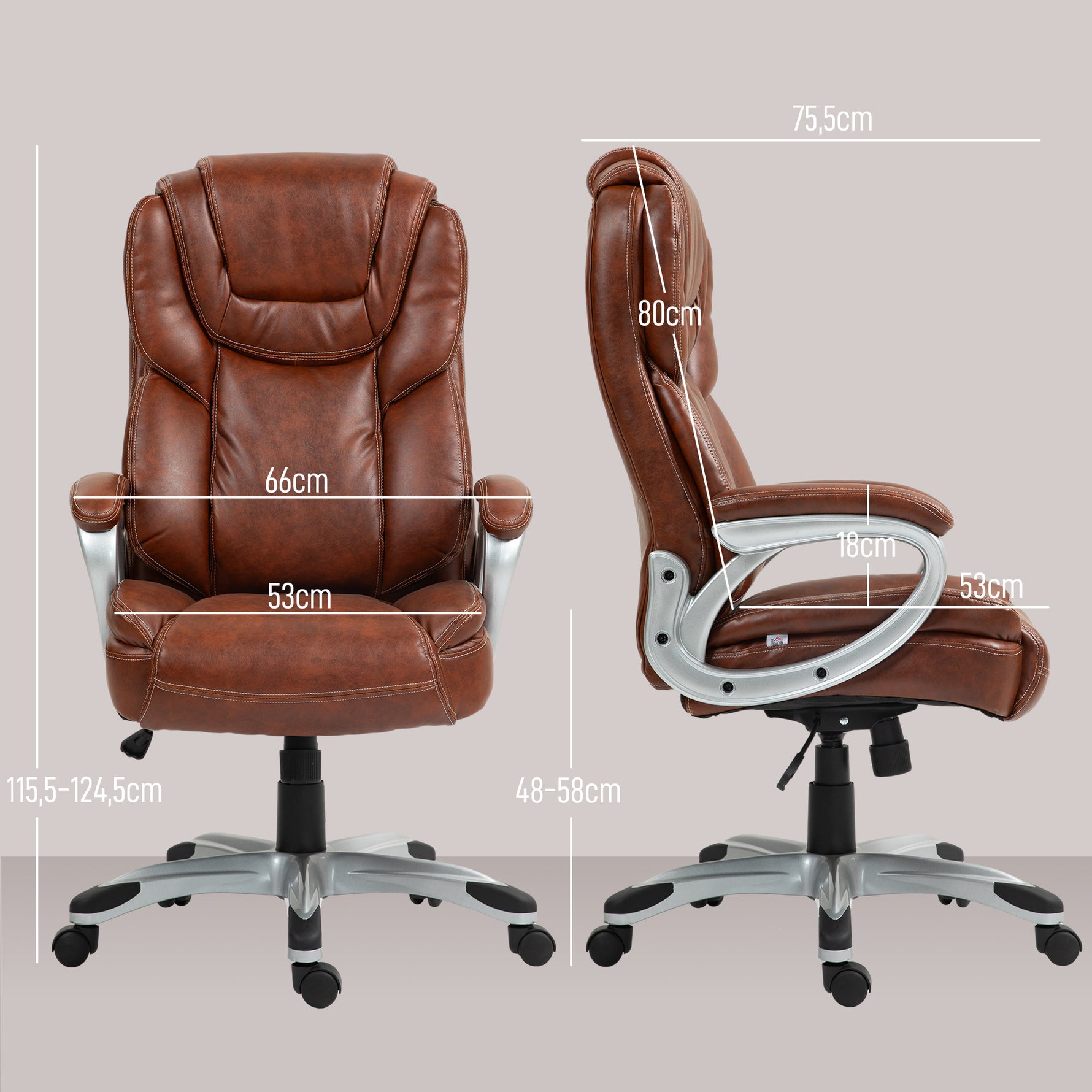 Chaise de bureau fauteuil de bureau avec fonction bascule roulettes pivotantes 360° 66 x 75,5 x 115,5-124,5 cm marron