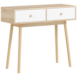 Table console avec 2 tiroirs et pieds en bois, pour salon, entrée, couloir, 86 x 35 x 75 cm, chêne et blanc