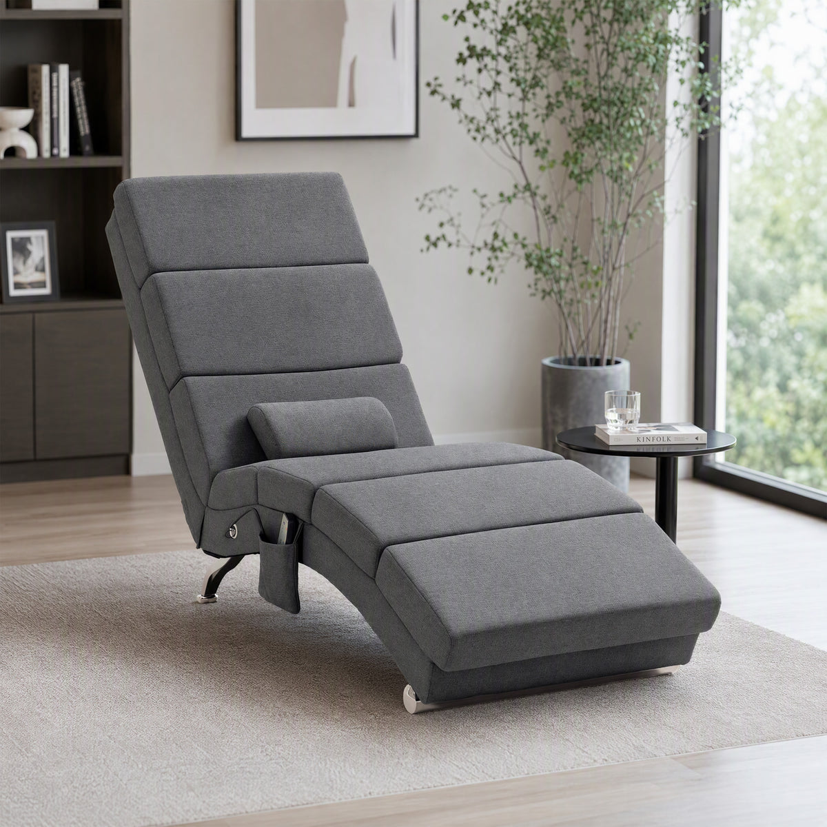 Fauteuil relax salon fauteuil de massage et chauffage meridienne avec télécommande et oreiller, tissu effet lin, gris