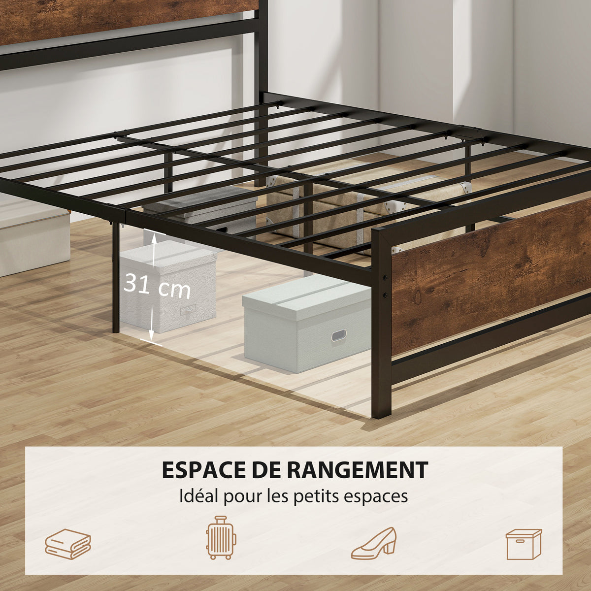Cadre de lit double 200 x 160 cm en acier avec sommier et tête de lit compatible matelas aspect bois foncé
