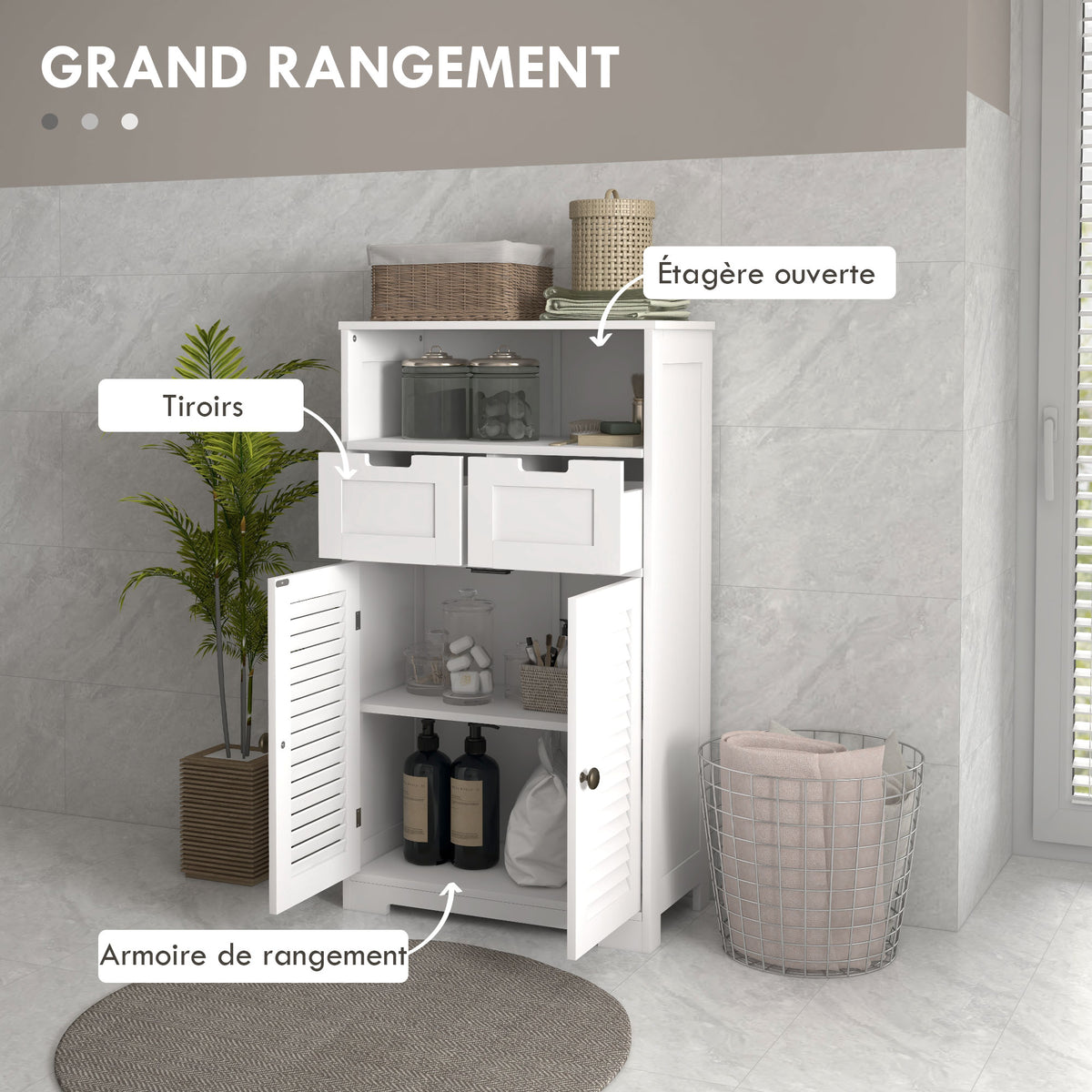 Meuble de salle de bain armoire 2 portes étagère réglable 2 tiroirs niche 61 x 30,5 x 109,5 cm blanc
