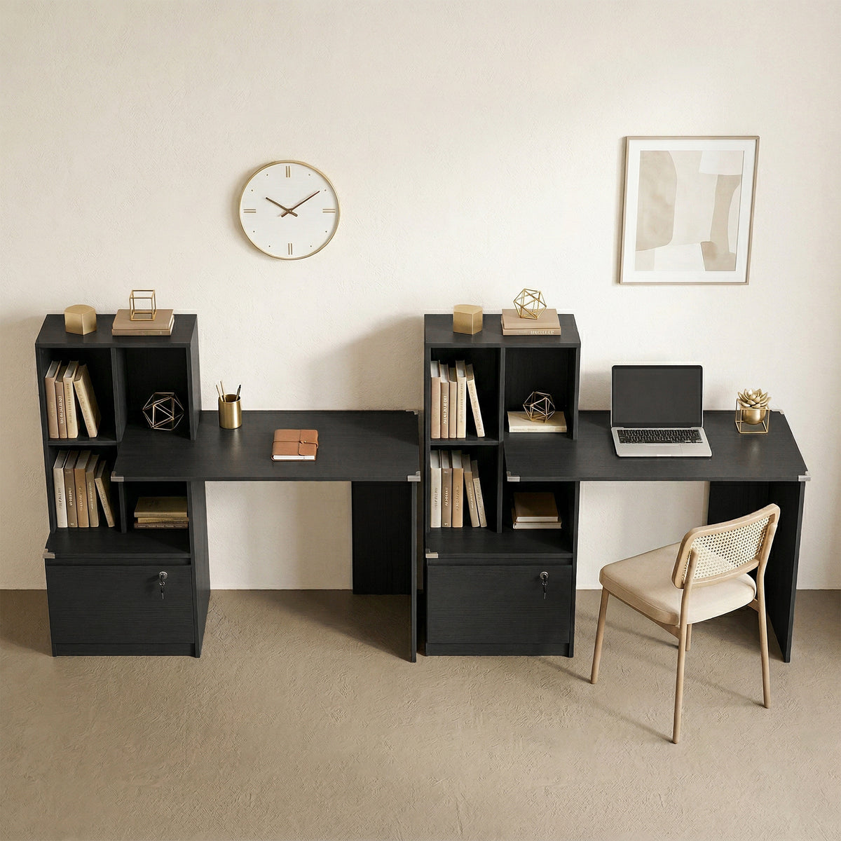 Bureau d'ordinateur avec bibliothèque 4 compartiments et tiroir verrouillable, 126 x 50 x 109 cm, noir