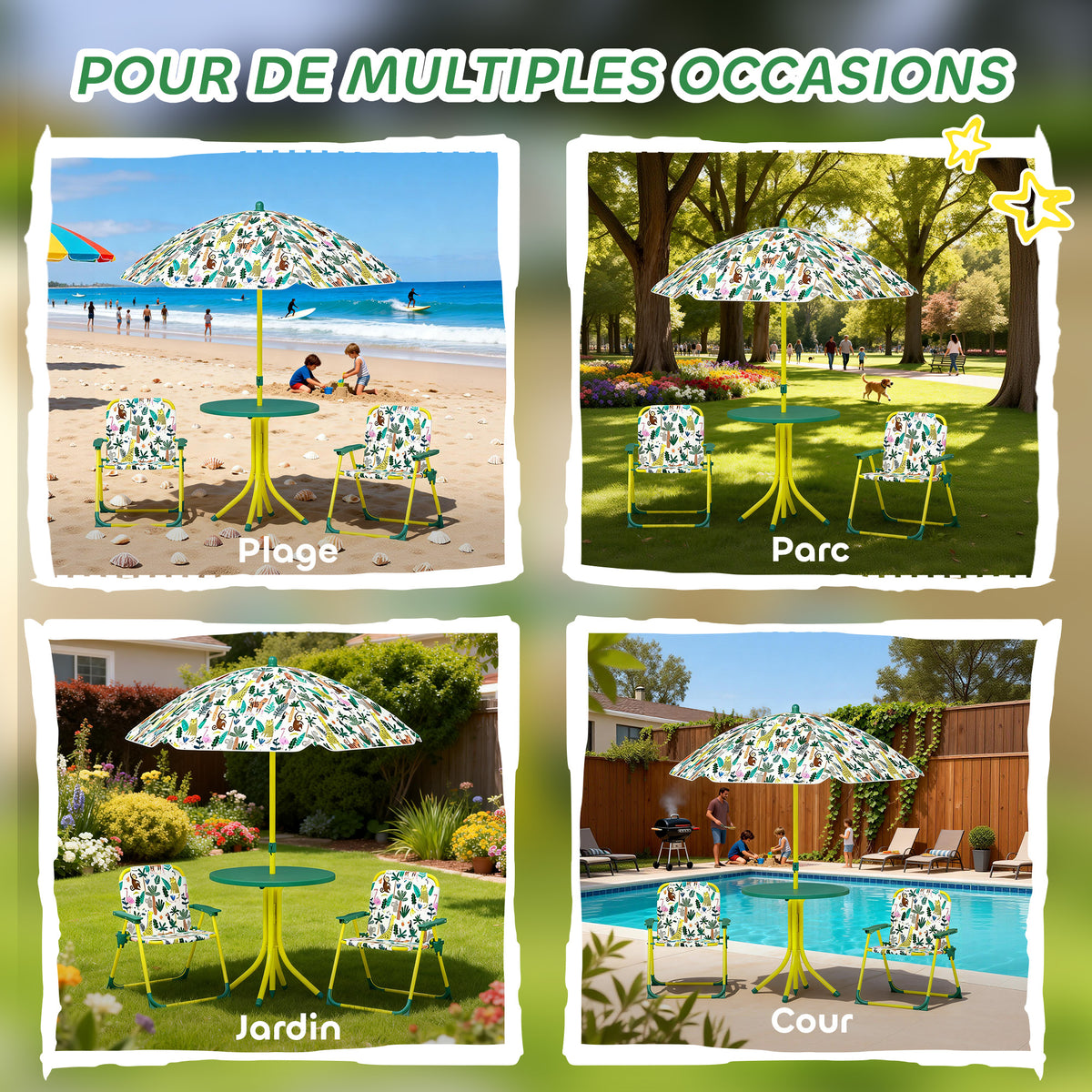 Children's Outdoor Patio Set with 2 Folding Chairs and Parasol, Jungle Theme, for Garden, Terrace, Green