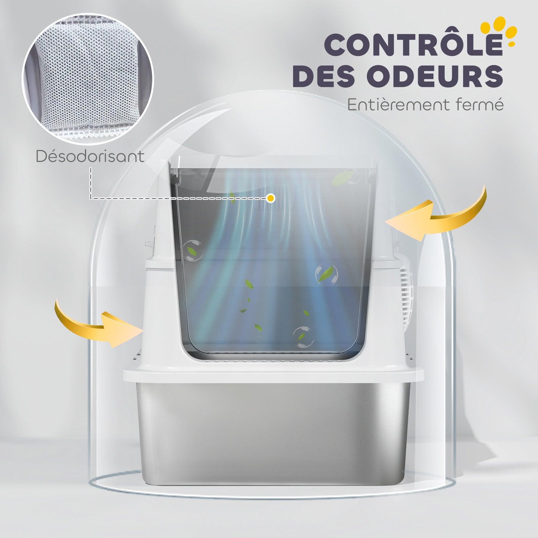 Bac à litière fermé XL en acier inoxydable, maison de toilette pour grand chat, 60,2 x 40,2 x 43,3 cm, gris clair