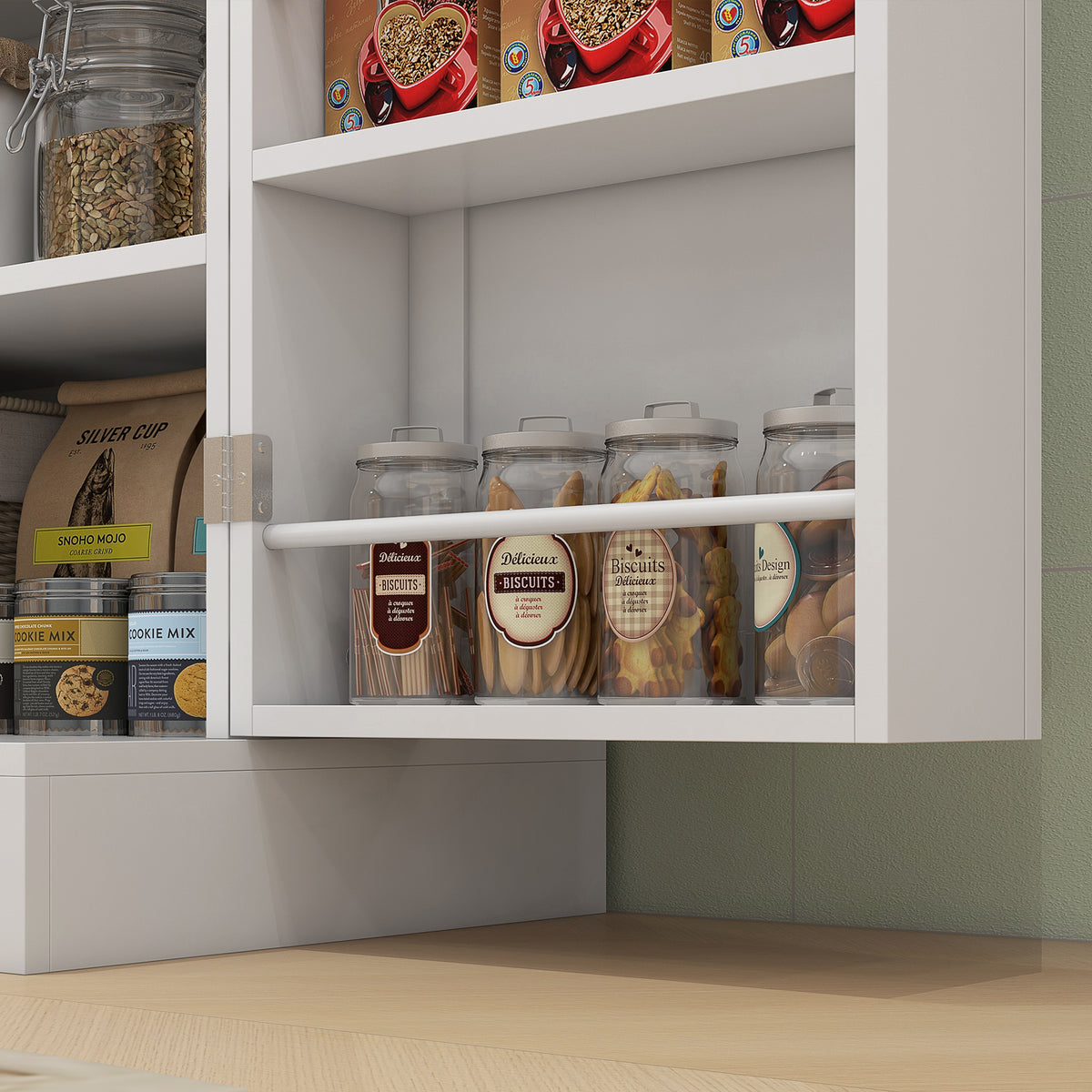 Credenza da cucina mobiletto con armadietti, ripiano regolabile e portaspezie, 60 x 35 x 166 cm, bianco