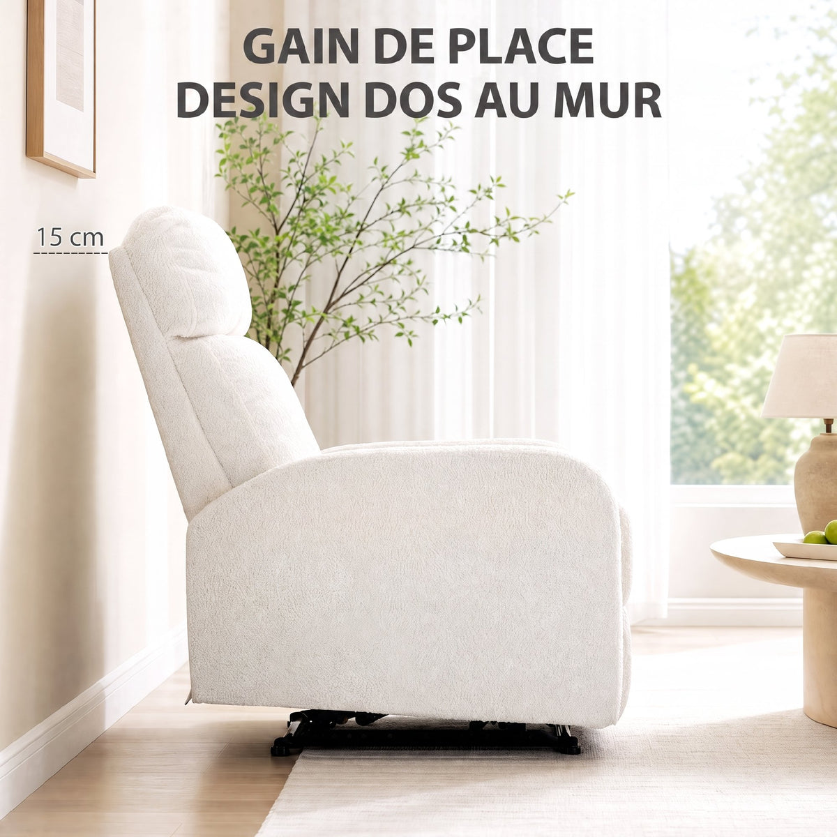 Fauteuil Relax Inclinable, Fauteuil de Relaxation en Peluche Teddy, Assise à Ressorts, Accoudoirs Rembourrés, Crème
