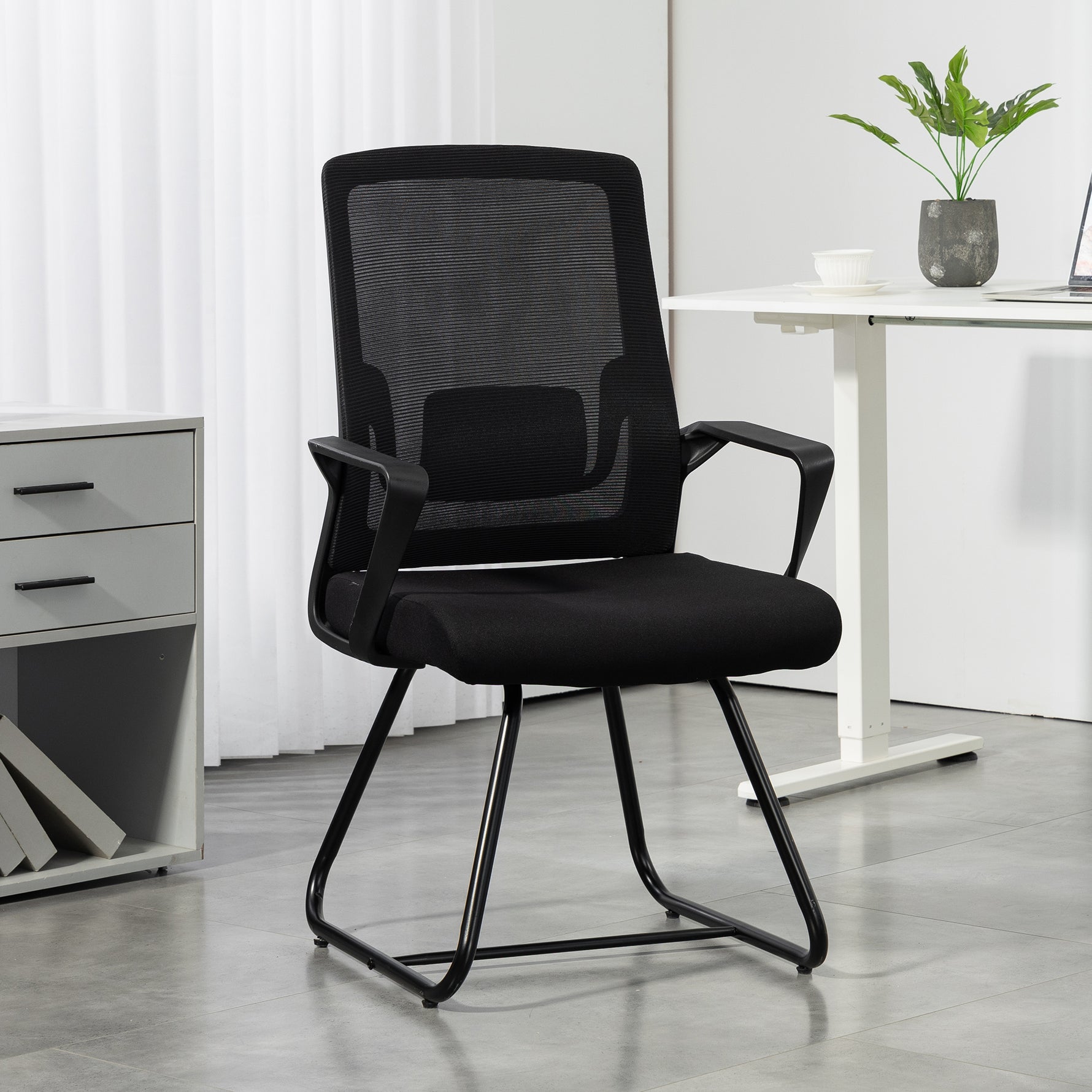 Chaise de bureau ergonomique sans roulettes, chaise de conférence avec dossier en maille, soutien lombaire, noir