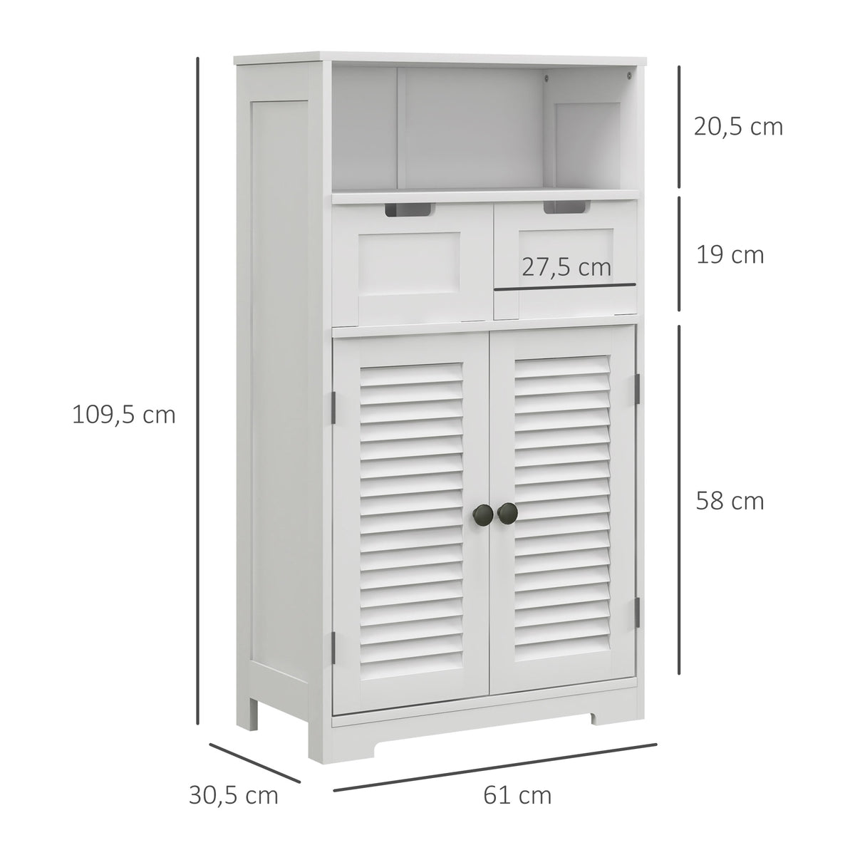 Meuble de salle de bain armoire 2 portes étagère réglable 2 tiroirs niche 61 x 30,5 x 109,5 cm blanc