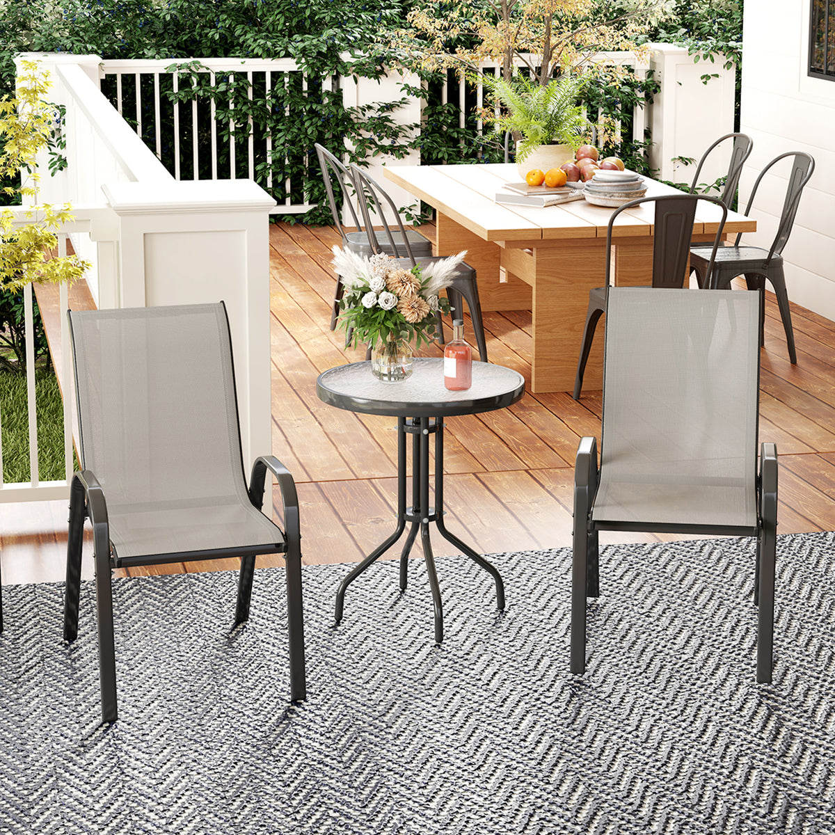 3 pièces salon de jardin extérieur ensemble de meubles 2 fauteuils empilables table basse dessus verre trempé gris clair