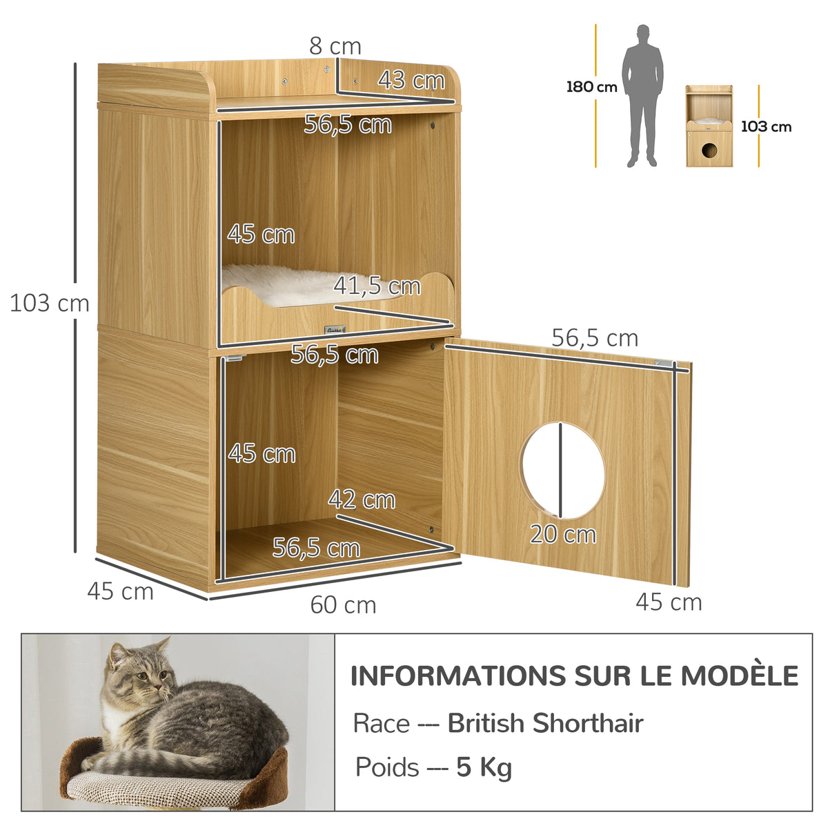 Mobile toilette per gatti, mobile lettiera per gatti a 3 livelli, scomparto chiuso da un'anta, 1 cuscino, 60 x 45 x 103 cm