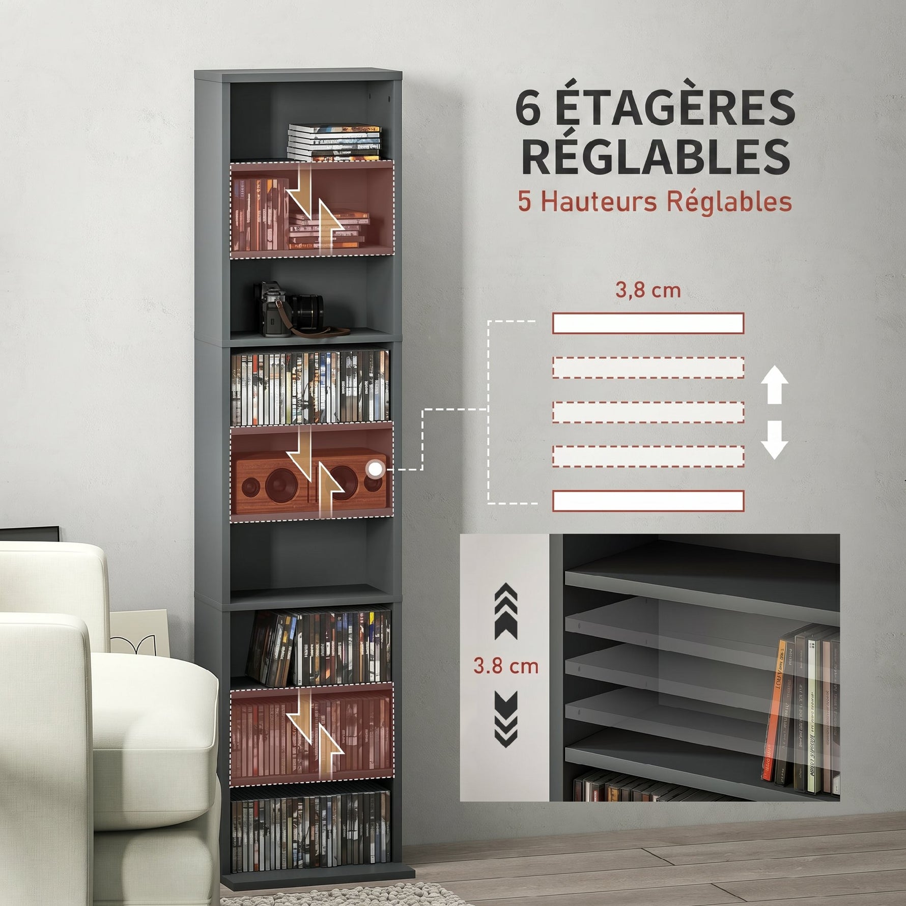 Rangements pour CD et DVD 9 compartiments et 6 étagères réglables capacité max. 260 CD/120 DVD 33 x 24 x 140 cm gris