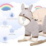 Cheval à Bascule modèle âne Fonction Musicale Selle Grand Confort Peluche Courte Douce Bois peuplier Gris dim. 61L x 34l x 58H cm