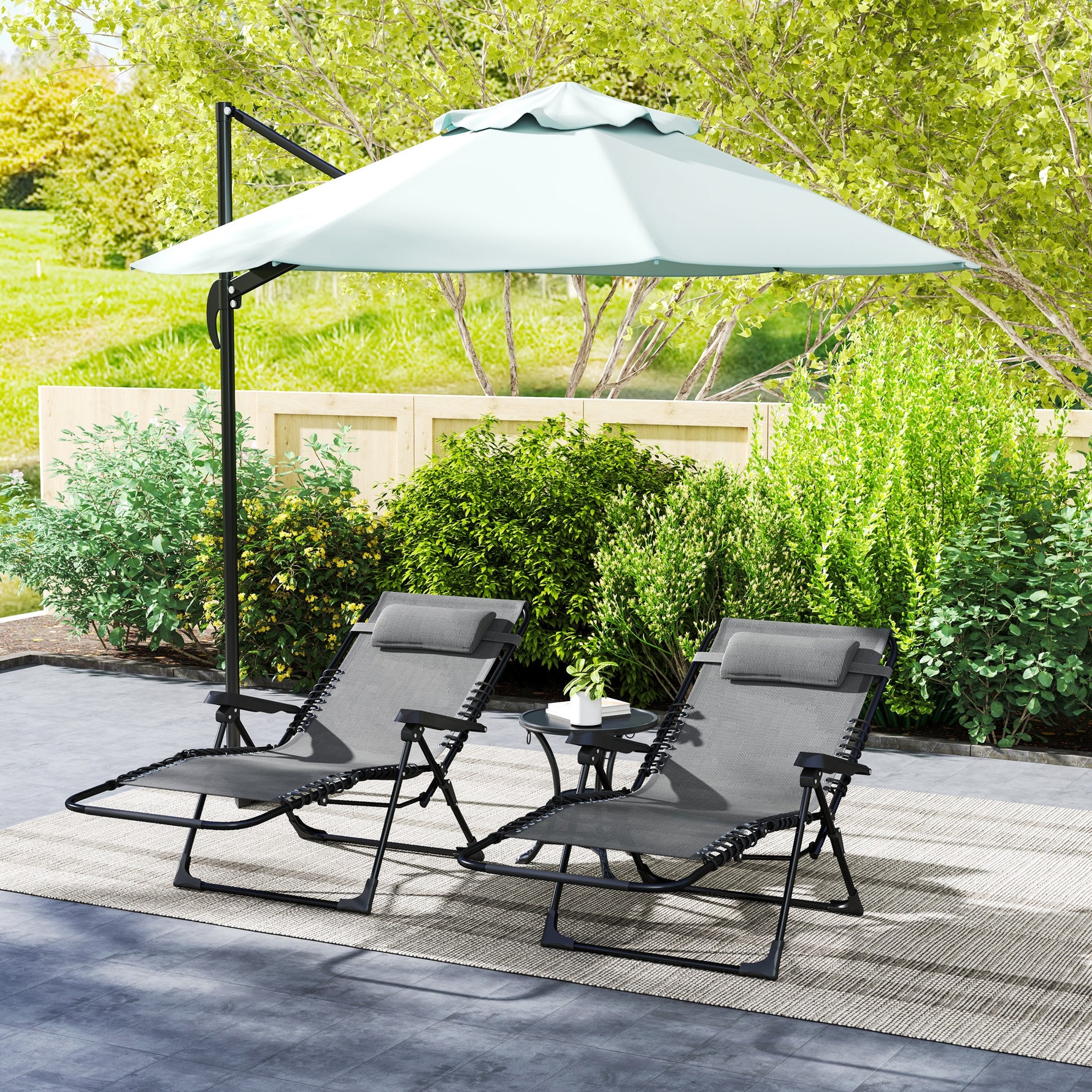 Lot de 2 bain de soleil, chaise longue pliante inclinable avec appuie-tête en textilène, 90 x 65 x 112 cm, gris