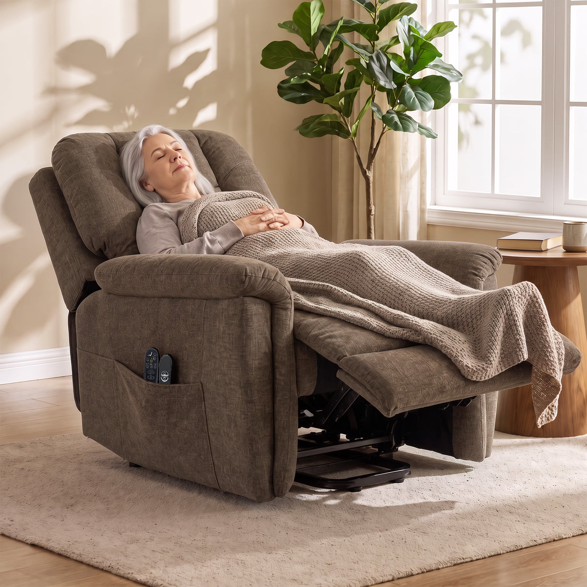Electric Lift Chair Massage and Heat Electric Recliner Chair Velvet USB Port Reclining Backrest Brown