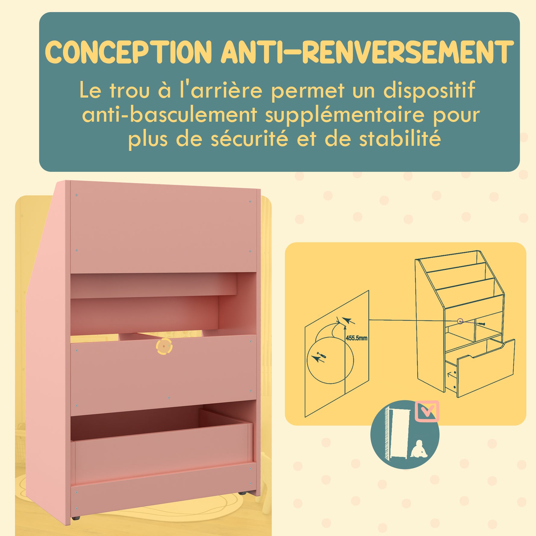 Bibliothèque étagère Multi-Rangement 3 étagères 2 niches Grand tiroir en bois Rose