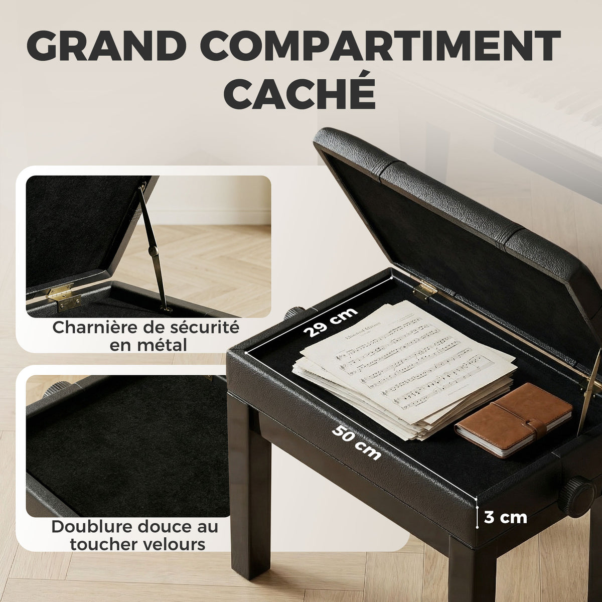 Banquette tabouret siège pour piano coffre intégré hauteur réglable bois hévéa assise revêtement synthétique noir