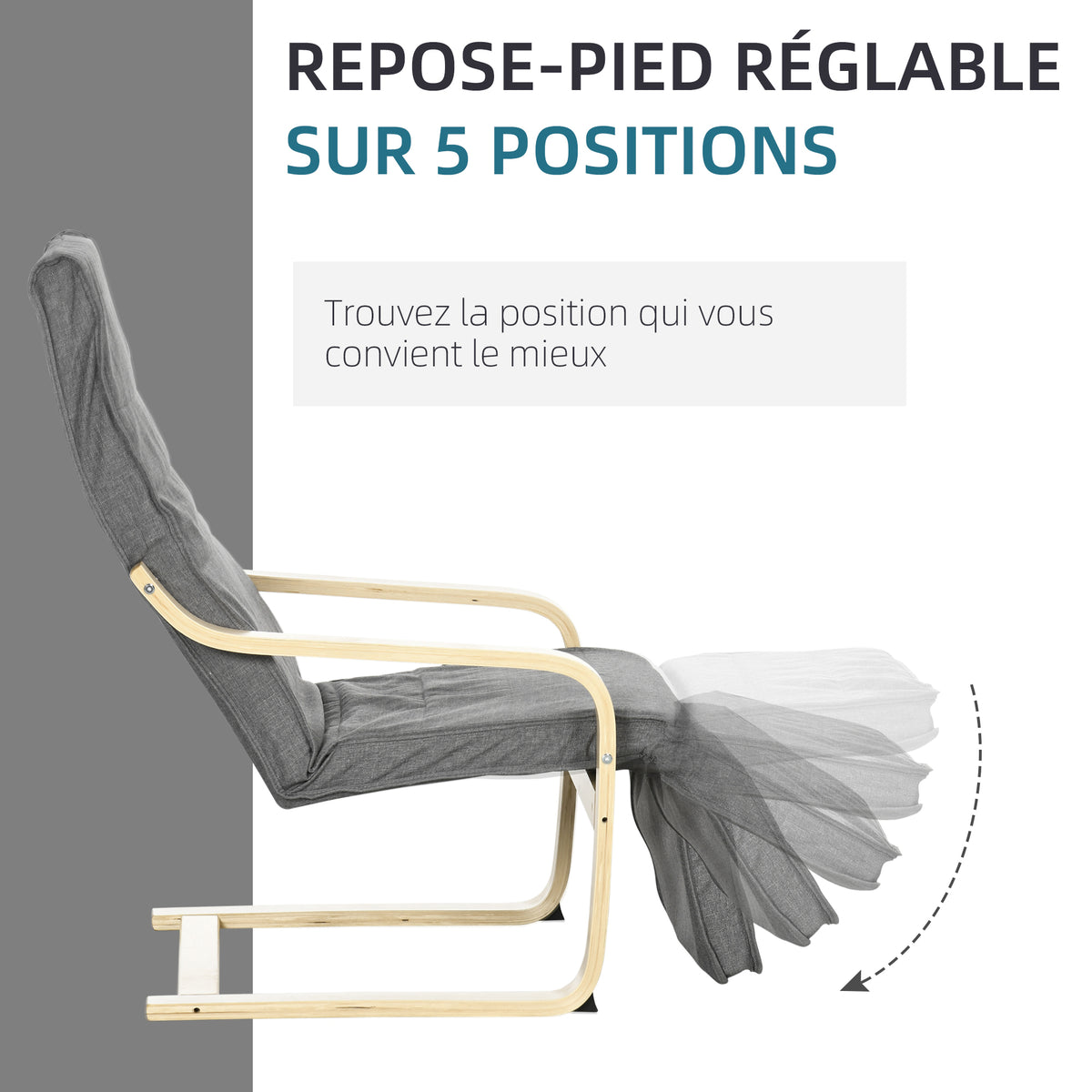 Fauteuil Luxe Confort et Relaxation avec Repose-Pied réglable déhoussable 94 x 66,5 x 100 cm cm Bois Massif Gris