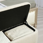 Panca contenitore, fondo letto imbottito, cerniere di sicurezza, gambe a U in legno di gomma stabile, crema