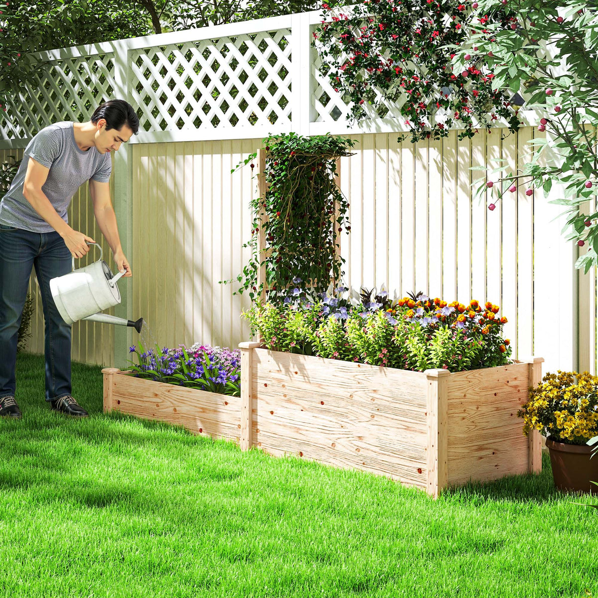 Jardinière avec treillis à 2 bacs avec fond ouvert, pour balcon terrasse patio, 222 x 63 x 132 cm, effet bois naturel