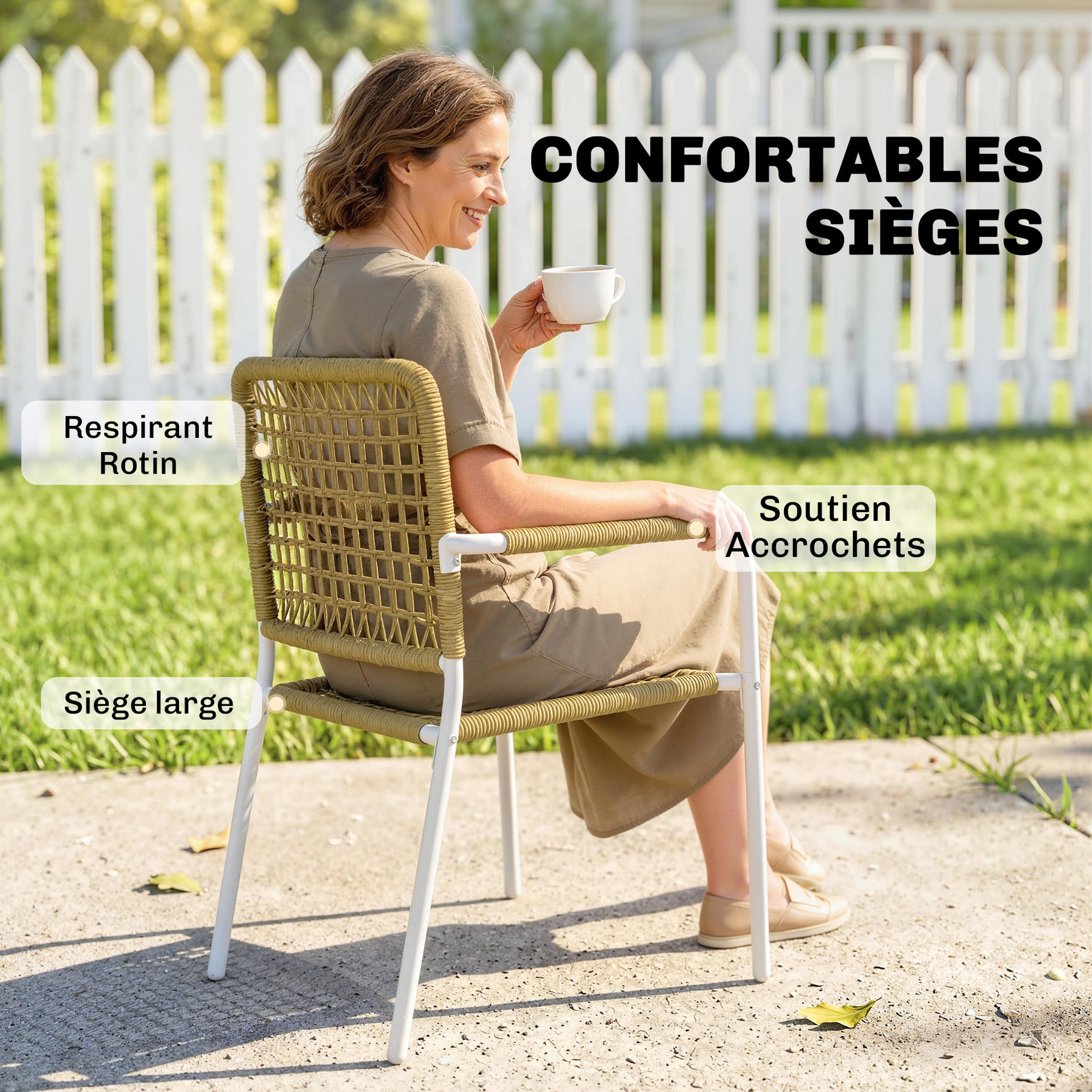 Lot de 2 Chaises de Jardin Empilables en Résine Tressée avec Accoudoirs et Dossier, 55x57x82cm, Jaune