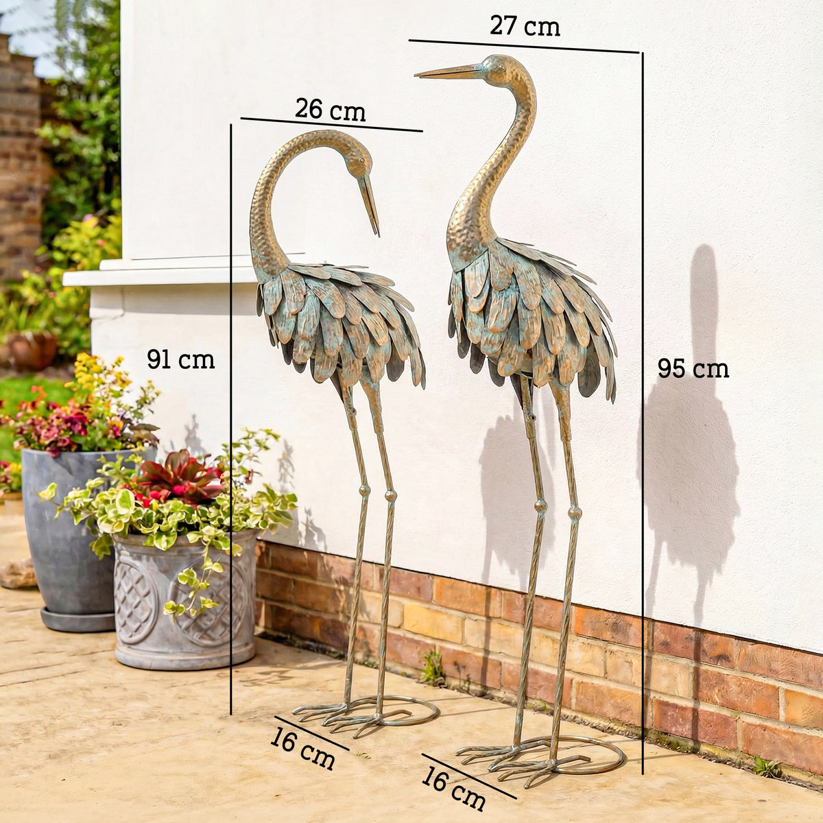 Lot de 2 Statues de Jardin, Sculpture de Héron en Métal, Statues d'oiseaux 91/95cm, pour Cour, Étang, Terrasse, or/bleu