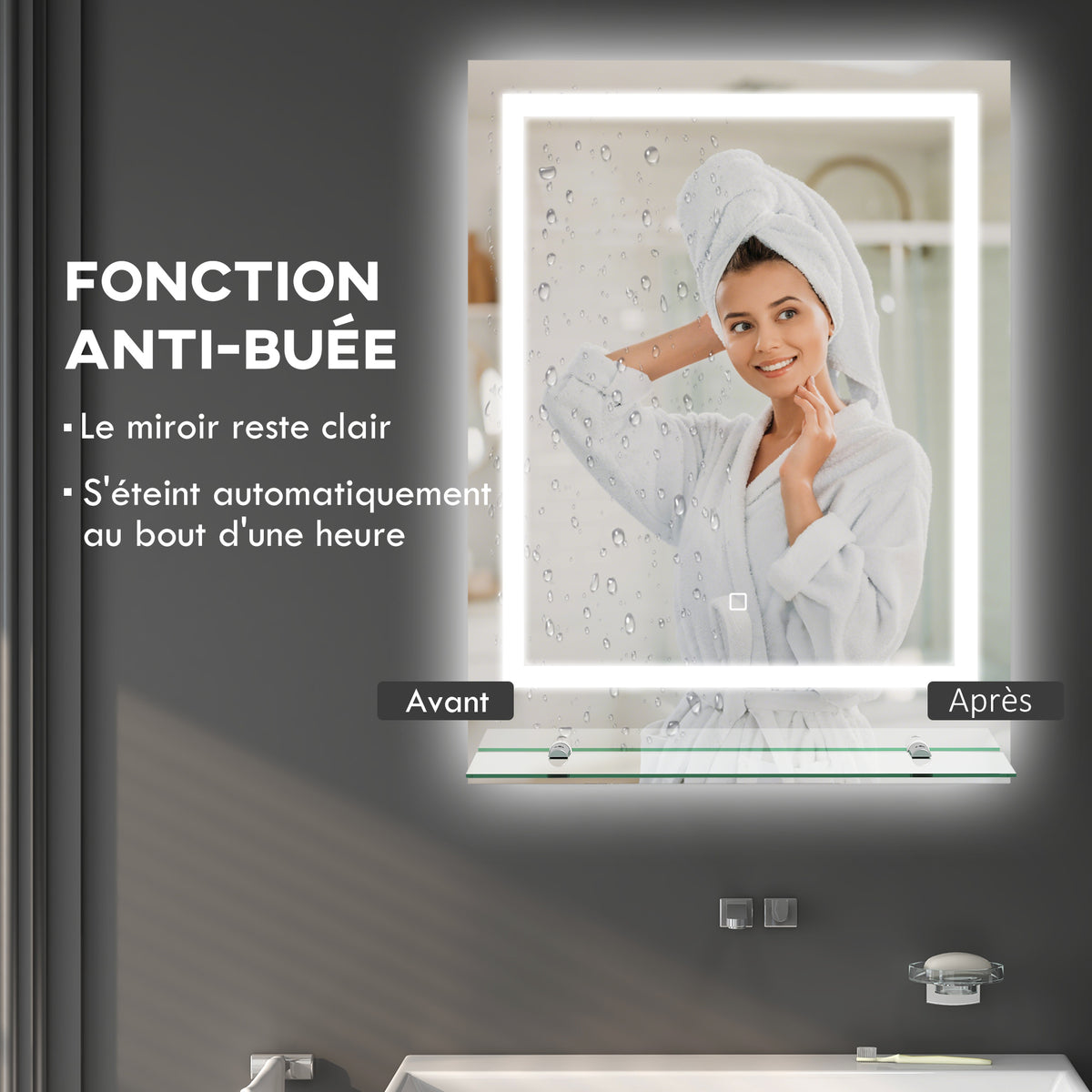 Miroir rectangulaire mural lumineux LED de salle de bain 70 x 50 cm