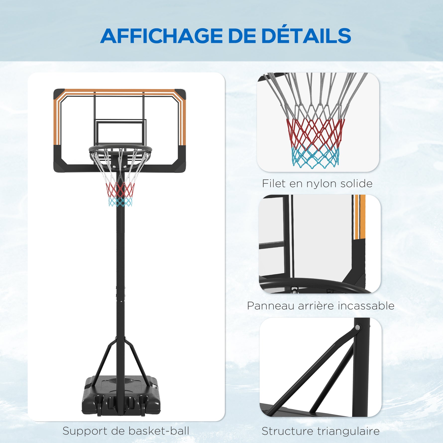 Panier de basket sur pied hauteur réglable 213 - 243 cm avec base de lestage roulettes panneau arrière robuste noir