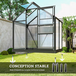 Serre de jardin polycarbonate 190 x 132 x 201 cm résistant aux UV 30+ fondation renforcé gouttière gris
