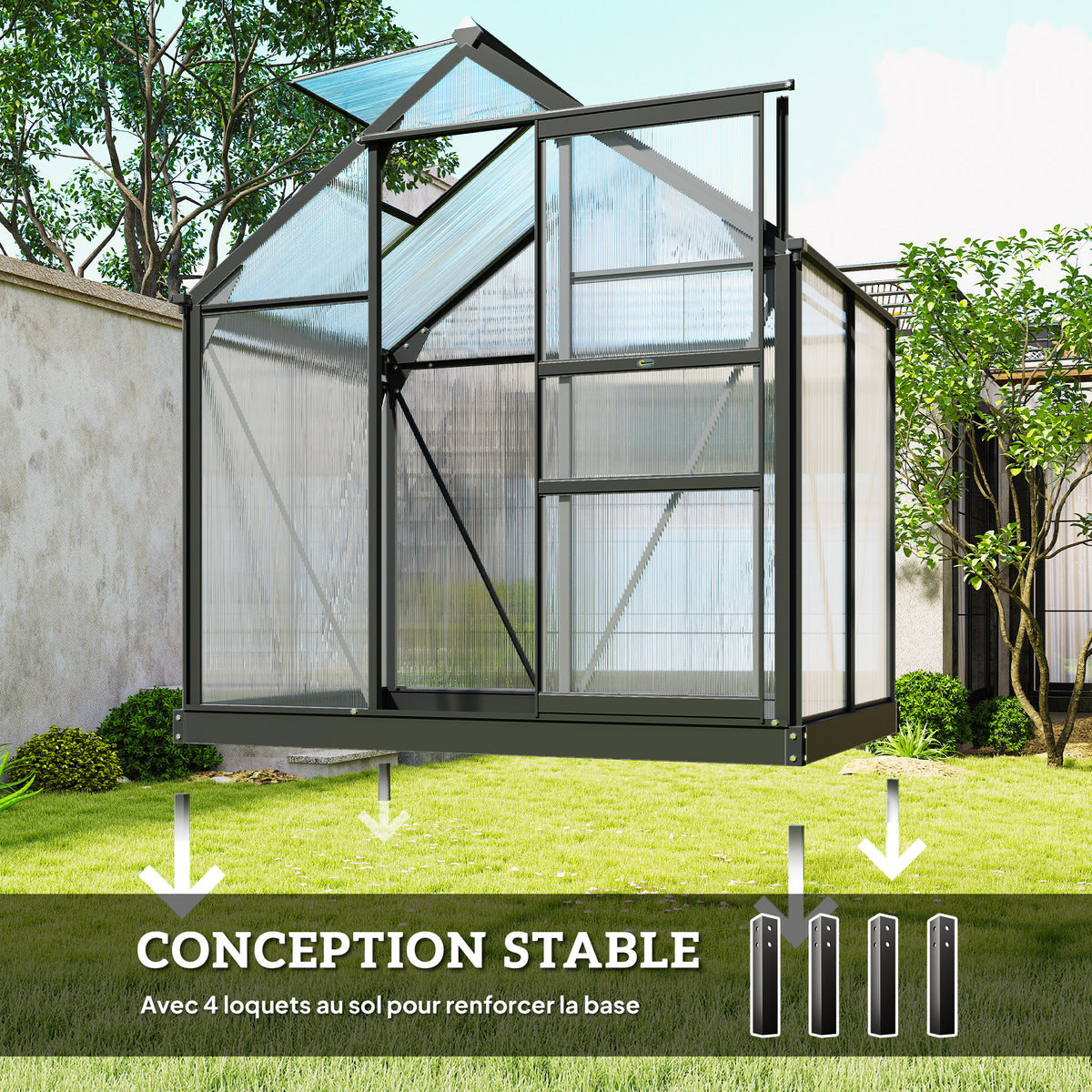 Serre de jardin polycarbonate 190 x 132 x 201 cm résistant aux UV 30+ fondation renforcé gouttière gris