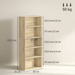 Bibliothèque étagère de rangement 5 niveaux avec étagères réglables pour salon, chambre, bureau, 60x24x133,5cm, naturel