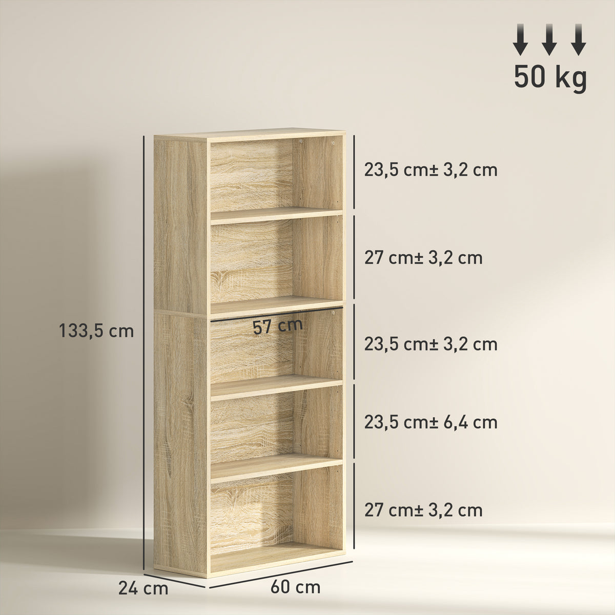 Bibliothèque étagère de rangement 5 niveaux avec étagères réglables pour salon, chambre, bureau, 60x24x133,5cm, naturel