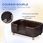 Dog sofa, dog and cat bed with rim, plush cushion, solid wood legs, dim. 74 x 48.5 x 31 cm, chocolate microfiber upholstery