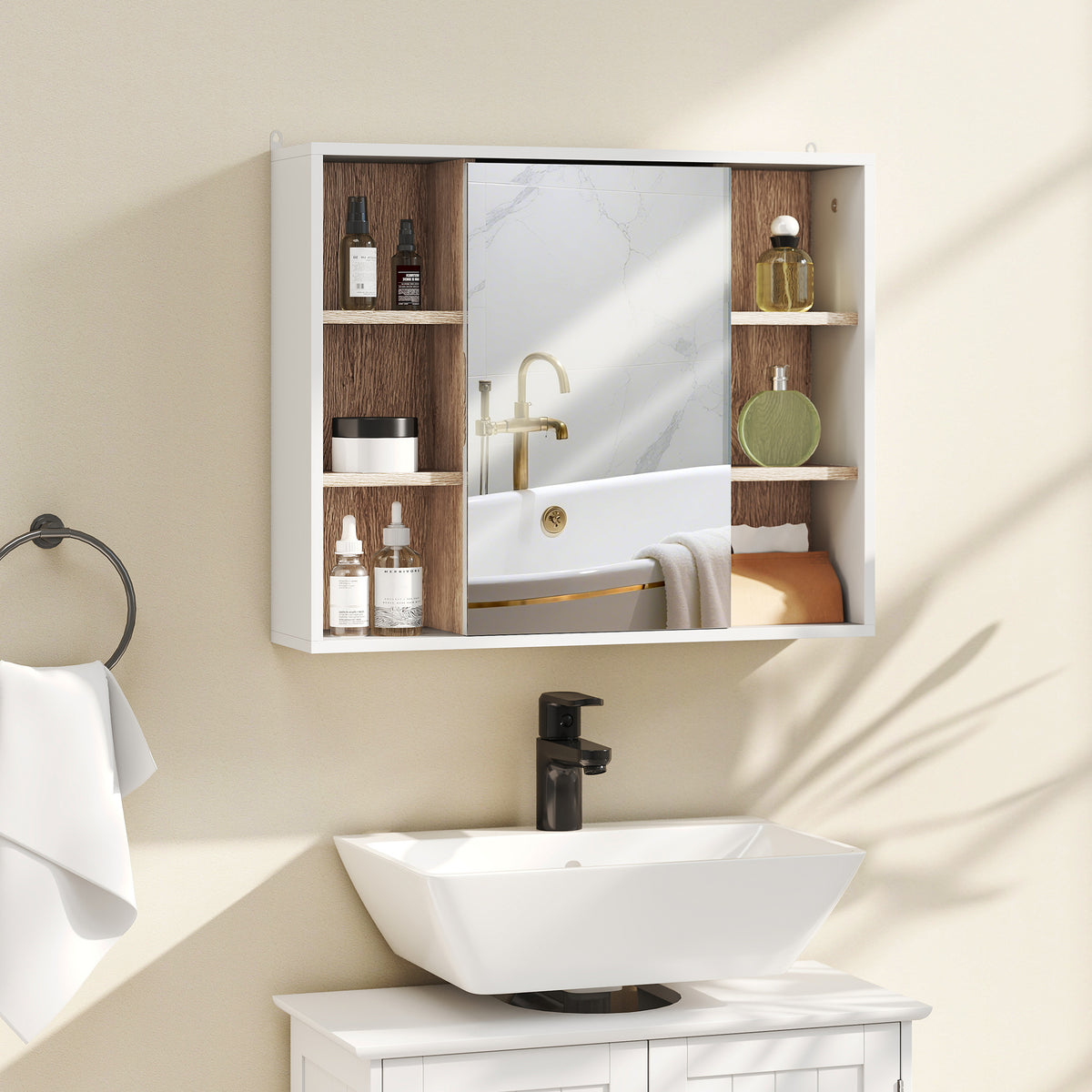Armoire murale, meuble salle de bain avec miroir, miroir salle de bain avec rangement, placard à portes et 6 compartiments ouverts, 60 x 14,5 x 49,4 cm, blanc