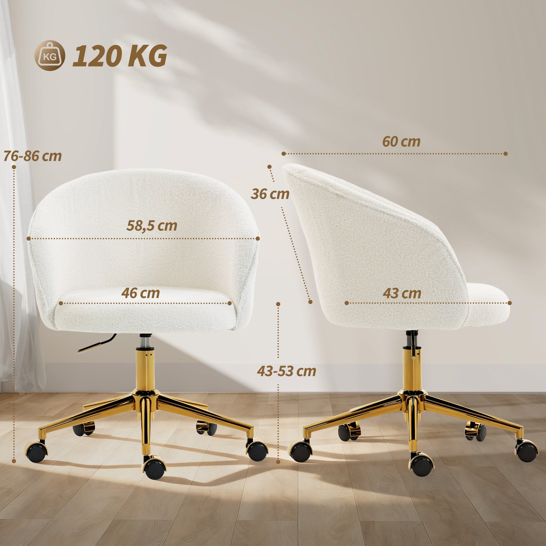 Chaise de bureau, fauteuil de bureau ergonomique réglable en hauteur, siège pivotante, piètement en acier, crème