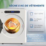 Sèche linge à évacuation, sèche-linge électrique 1000 W 3 Kg, modes Extra Dry et ECO, minuterie, acier inoxydable, blanc
