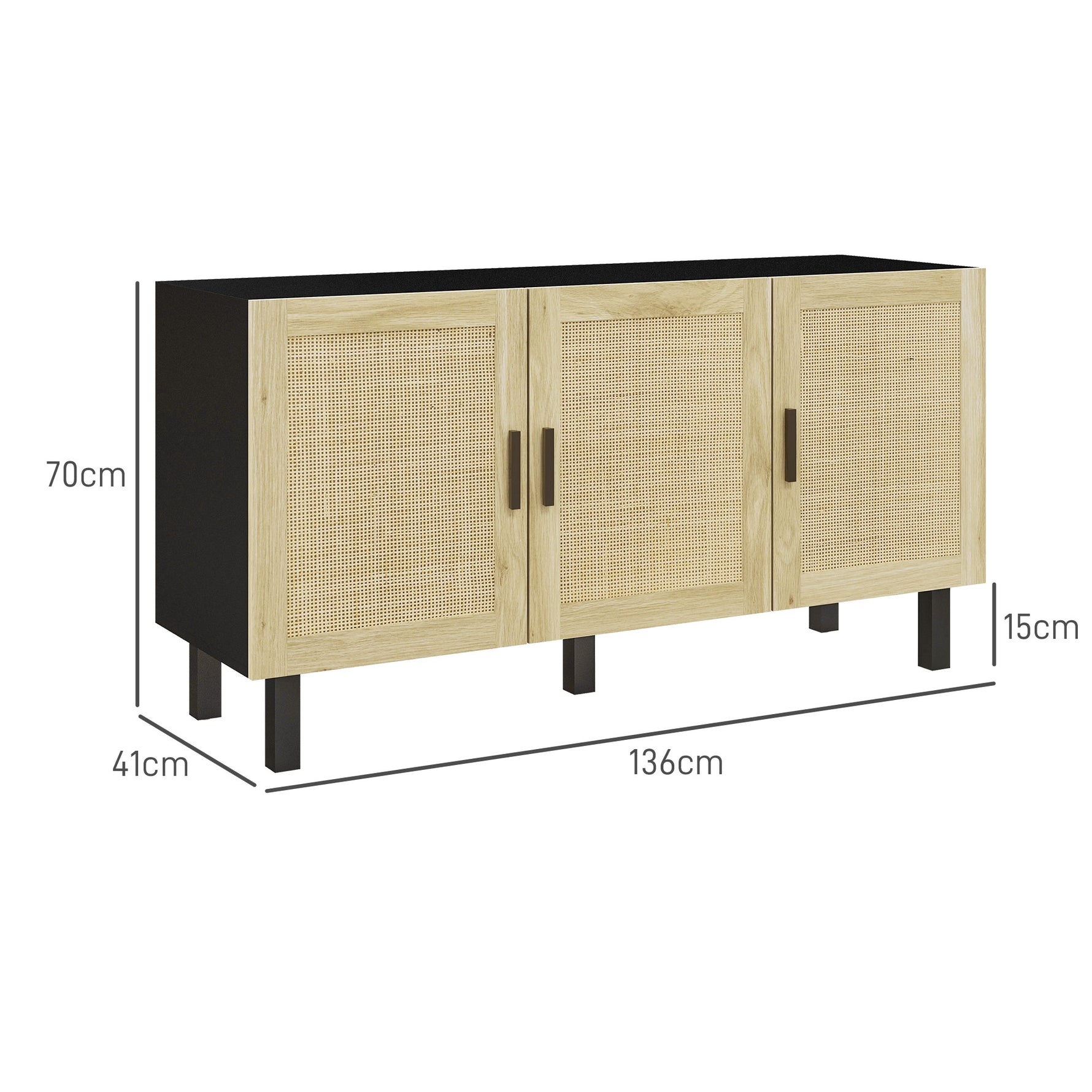 Meuble de rangement avec placards à portes effet cannage, étagères réglables, 136 x 41 x 70 cm, noir et bois naturel